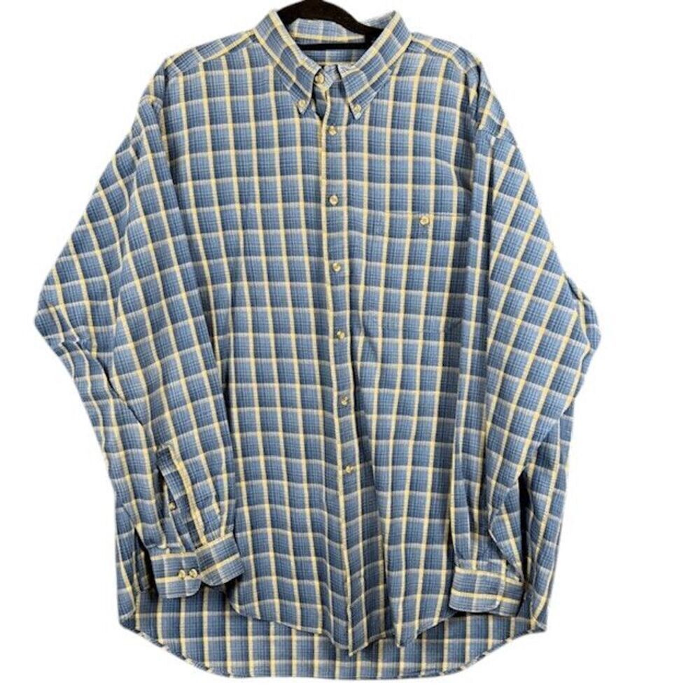 IZOD Button Front Men's Shirt Cotton Blue Gold Yellow Plaid Size XL
